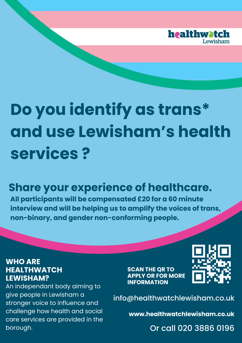 Healthwatch Lewisham poster - do you identify as trans and use Lewisham's health services?
